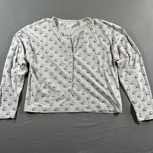 Adrienne Vittadini Gray Floral Cropped Button Henley Knit Blouse 100% Cotton M